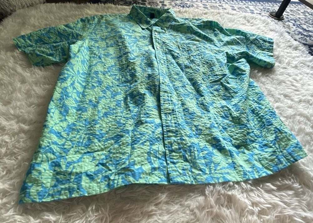 Lands' End Men's Short Sleeve Traditional Fit Seersucker Tropical Floral Print B